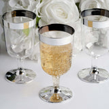 12 Pack | 6oz Chrome Silver Rim Clear Plastic Short Stem Wine Glasses, Disposable Party Cups