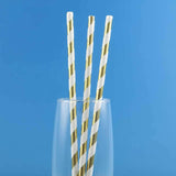 25 Pack 8" White/Gold Striped Disposable Paper Straws