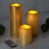 Set of 3 | Metallic Gold Flameless Candles | Battery Operated LED Pillar Candle Lights with Remote Timer - 4"|6"|8"