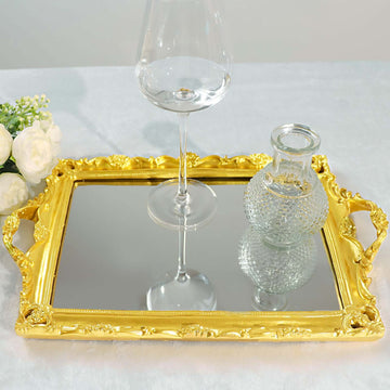 Resin Mirrored Rectangle Serving Tray 15"x10" in Metallic Gold with Baroque Design, Stylish Decorative Vanity Tray Centerpiece