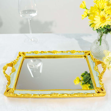 Resin Mirrored Rectangle Serving Tray 15"x10" in Mint Green with Gold Baroque Design, Stylish Decorative Vanity Tray Centerpiece