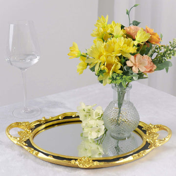 Resin Mirrored Vanity Oval Serving Tray 14"x10" in Black with Metallic Gold Baroque Design, Stylish Decorative Vanity Tray Centerpiece