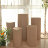 Set of 5 | Taupe Cylinder Stretch Fitted Pedestal Pillar Prop Covers, Display Box Stand Covers