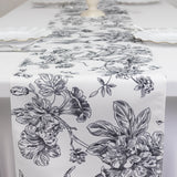 Polyester Table Runner 12x108inch White with Black French Toile Floral