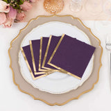 50 Pack Purple Disposable Cocktail Napkins with Gold Foil Edge