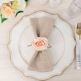 4 Pack Blush Artificial Rose Flower Wooden Napkin Holders, Farmhouse Country Floral Napkin Rings