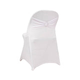 White Spandex Folding Chair Covers with Silver Rhinestone Buckled Sash Band