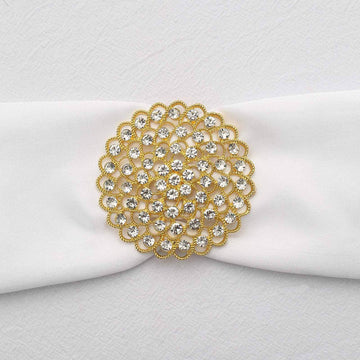 Rhinestone Metal Flower Chair Sash Band Buckle Gold - Glittering Diamond Accent for Weddings & Celebrations 3"