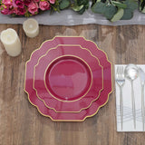 11inch Burgundy Heavy Duty Disposable Baroque Dinner Plates with Gold Rim, Hard Plastic Dinnerware