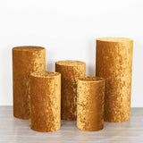 Set of 5 Gold Crushed Velvet Cylinder Pedestal Stand Covers, Premium Pillar Prop Covers