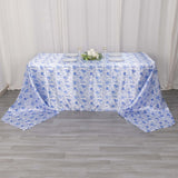 90"x156" White Blue Seamless Satin Rectangular Tablecloth in French Toile Floral Pattern