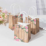 12 Pack Natural Wood Print Paper Party Favor Bags with Rose Floral Accent, Small Gift Goodie Bags