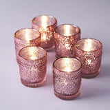 6 Pack | Blush/Rose Gold Mercury Glass Candle Holders, Votive Tealight Holders With Primrose Design