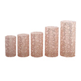 Set of 5 Rose Gold Sequin Mesh Cylinder Pedestal Pillar Prop Covers with Leaf Vine Embroidery