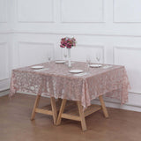 72"x72" Rose Gold Sequin Leaf Embroidered Tulle Table Overlay, Square Sheer Table Topper