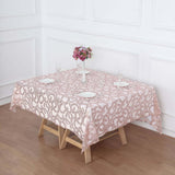 72"x72" Rose Gold Sequin Leaf Embroidered Tulle Table Overlay, Square Sheer Table Topper