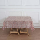 72"x72" Rose Gold Sequin Leaf Embroidered Tulle Table Overlay, Square Sheer Table Topper