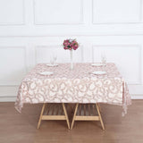 72"x72" Rose Gold Sequin Leaf Embroidered Tulle Table Overlay, Square Sheer Table Topper