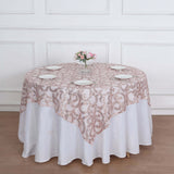 72"x72" Rose Gold Sequin Leaf Embroidered Tulle Table Overlay, Square Sheer Table Topper