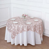 72"x72" Rose Gold Sequin Leaf Embroidered Tulle Table Overlay, Square Sheer Table Topper