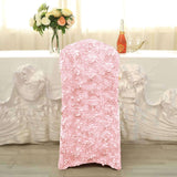 Blush Satin Rosette Spandex Stretch Banquet Chair Cover, Fitted Slip On Chair Cover