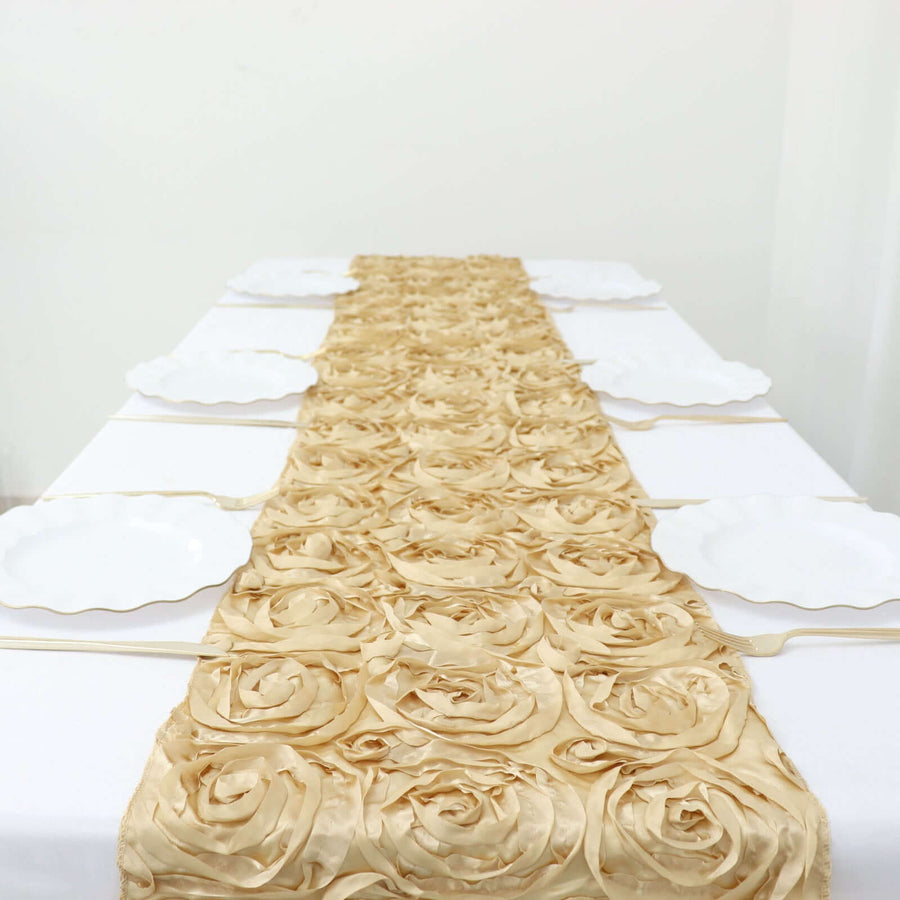 14inch x 108inch Champagne Grandiose 3D Rosette Satin Table Runner