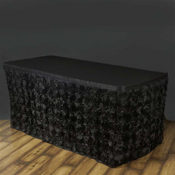 Rosette Satin 17ft Table Skirt Black 3D Floral Design - Sophisticated Event & Wedding Table Cover