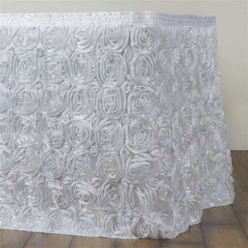 Rosette Satin 21ft Table Skirt White 3D Floral Design - Sophisticated Event & Wedding Table Cover