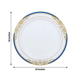 10 Pack | White With Royal Blue Rim 10inch Plastic Dinner Plates, Round With Gold Vine Design