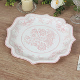 25-Pack Paper Dessert Plates in White with Pink Damask Floral Print & Scallop Rim