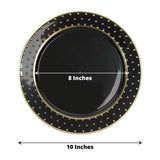 10inch Black / Gold 3D Disposable Dinner Plates With Dotted Rim Design, Round Plastic Party Plates