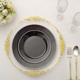 10 Pack | 10inch Black / Silver Beaded Rim Disposable Dinner Plates, Round Plastic Party Plates