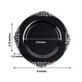 10 Pack | 8inch Black Silver Leaf Embossed Baroque Plastic Salad Dessert Plates