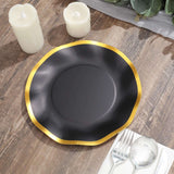 25 Pack | 8inch Matte Black / Gold Wavy Rim Disposable Salad Plates, Appetizer Dessert Party Plates