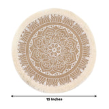 4 Pack | Natural 15inch Jute & White Mandala Print Fringe Placemats