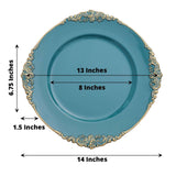 6 Pack | 13inch Peacock Teal Gold Embossed Baroque Round Charger Plates With Antique Design Rim