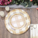 10 Pack | 13inch Gold / White Buffalo Plaid Disposable Charger Plates