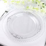 10 Pack | 10inch Clear Silver Leaf Embossed Baroque Plastic Dinner Plates