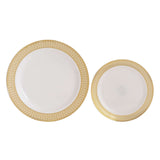 10 Pack White Disposable Party Plates With Beige Gold Spiral Rim, 10" Round Plastic Dinner 