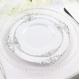 10 Pack | 10inch White Silver Leaf Embossed Baroque Plastic Dinner Plates