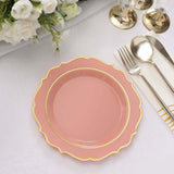 8inch Dusty Rose Plastic Dessert Salad Plates, Disposable Tableware Round With Gold Scalloped Rim