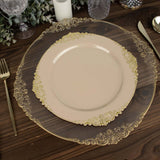 Taupe Gold Leaf Embossed Baroque Plastic Dinner Plates, Disposable Vintage Round Dinner Plates