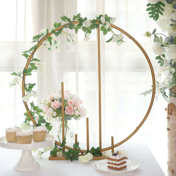 Round Floral Hoop Wedding Centerpiece Metal with Pillars Gold - Self-Standing Balloon Arch for Events 24"