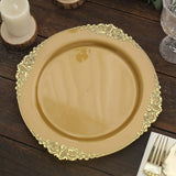 10 Pack | 10inch Gold Leaf Embossed Baroque Plastic Dinner Plates, Vintage Round Dinner Plates