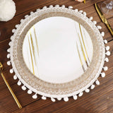 Jute & White Embroidery Mandala Print Placemats, Rustic Round Woven Burlap Tassel Table Mats