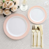 10 Pack White Disposable Party Plates With Blush Rose Gold Spiral Rim, 10" Round Plastic Dinne