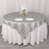 Silver Satin Stripe Square Table Overlay, Smooth Elegant Table Topper