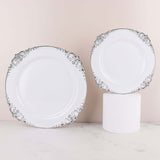 10 Pack | 10inch White Silver Leaf Embossed Baroque Plastic Dinner Plates