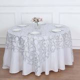 72"x72" Silver Sequin Leaf Embroidered Tulle Table Overlay, Square Sheer Table Topper