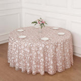 120inch Blush Rose Gold Sequin Leaf Embroidered Seamless Tulle Round Tablecloth, Sheer Overlay
